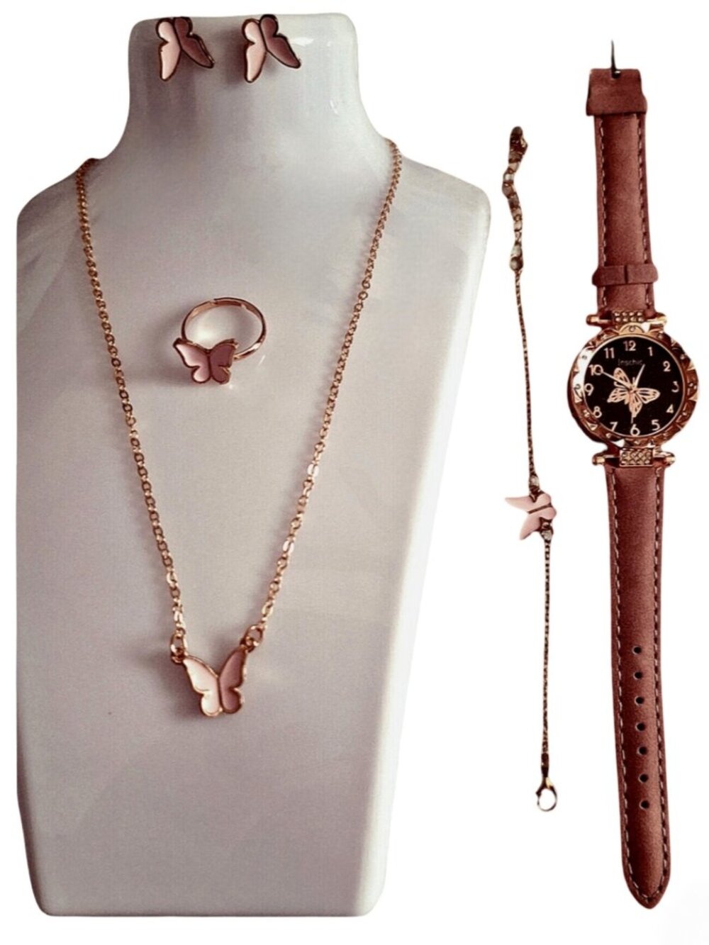 Beautiful 5-Piece Pink Butterfly Jewelry Set with Watch & Bracelet